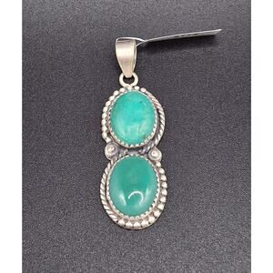 Hubei Turquoise Pendant, 2 Stones, 925 Sterling Silver, Southwestern Style